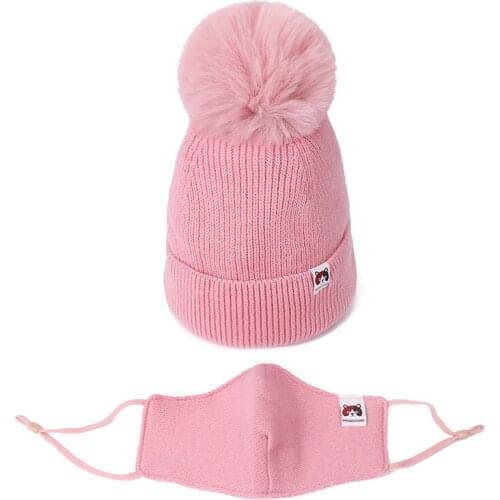 2021adult Boy girl babyWinter Pompon Hat And Mask Set Child Windproof Outdoor Warm Knitted Hat Face Protective Mask Bonnet Set