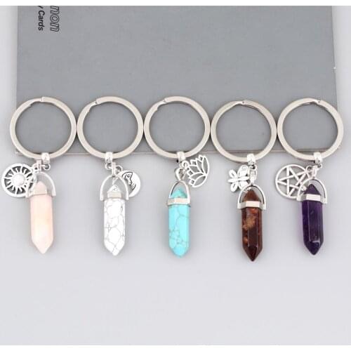 1Pc Multicolor Natural Quartz Stone Keychain Pentagram Sun Yoga Pendant Keyring For Unisex Personality Gift Jewelry E2510-E2514