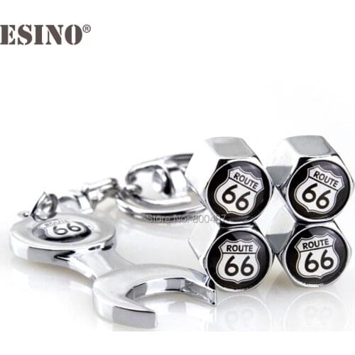 40 x Car Styling Stainless Steel Zinc Alloy Wheel Tire Valve Stems Caps Route 66 Universal Fit With Mini Wrench Key Chain