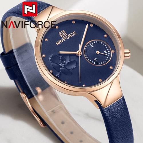 NAVIFORCE Fashion Women Watch Top Brand Luxury Blue Gold Ladies Wristwatch Genuine Leather Bracelet Classic Female Clock 5001