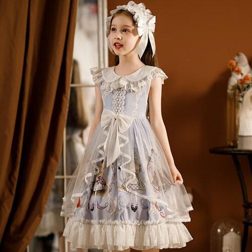 Girls' summer Lolita dance dress childrens birthday party wash dress 2-12 years old girl Lolita sleeveless mesh lace dress