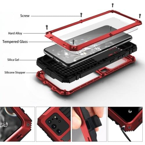 For Samsung Galaxy S20 S21 Note 20 Ultra Case Luxury Armor Metal Heavy Duty Cover With Tempered Glass For Galaxy A32 A52 A72