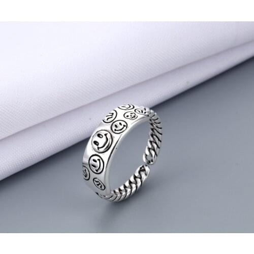 2021 Vintage Ancient Silver Color Happy Smiling Face Open Rings for Women Men Unisex Hip Hop Adjustable Ring Fashion Jewelry