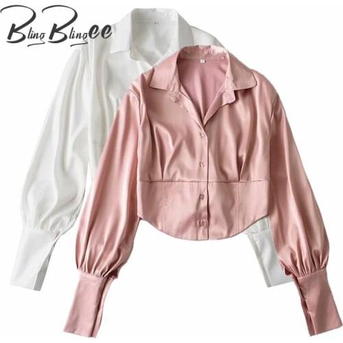 BlingBlingee Corset Detail Curved Hem Drop Shoulder Lantern Sleeve Women Slim Cropped Shirt 2021 Summer Satin Blouses Pink Tops