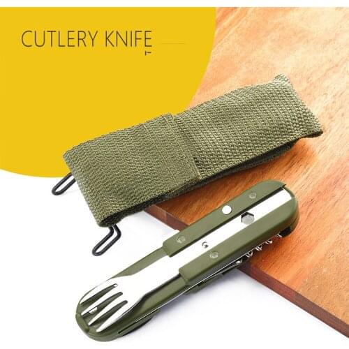 Hiking Camping Tool Outdoor Tableware With Led Light Stainless Steel Folding Dinnerware Fork Spoon Knife Set Bottle Opener