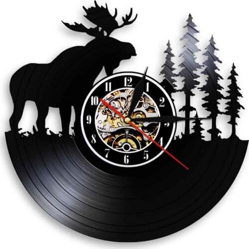 Wild Woodland Animal Wall Art Clock Forest Bull Elk Vinyl Record Wall Clock Modern Design Home Decorative LED Night Light Gift