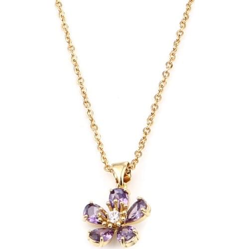 1 PC Stainless Steel & Copper Necklace Gold Color Flower Purple Cubic Zirconia 44cm long