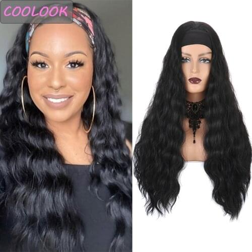 Black Long Wavy Headband Wigs 26 Inch Body Wave Headwraps Wigs for Women Synthetic Fibre False Hair Wavy Wig with Scarf Cosplay