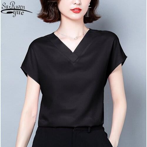 Silk Short Sleeve Blouse Woman Fashion Solid Colors Bottoming Womans Shirts Office Lady Style Korean Plus Size 4XL Blusas 10297