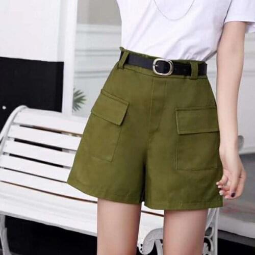 Summer With Belt Boy Friend Style Pocket Hot Shorts Wide Leg Women Casual Shorts Solid Color High Waist Shorts All Match Korean