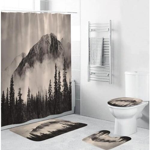 3D Mountains and Weeds Printed Shower Curtains Bathroom Curtain Cloud Forest Non-Slip Rugs Toilet Lid Cover Mat Carpet Set