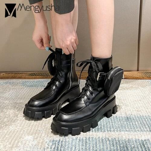 Women motorcycle boots with small pocket punk style platform rubber ankle booties mujer 2020 winter leather cowboy/work botines