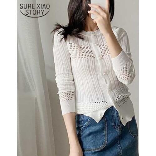 Korean Clothes Sun Proof Knitted Cardigans for Women Pearl Buckle Solid Colors Sexy Hollow Out Womens Sweaters Female 9826
