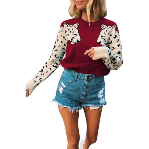 Womens Knitted Long Sleeve Sweater Tops Ladies Casual Knit Loose Jumper Pullover Arm Leopard Figure Knitted Sweater