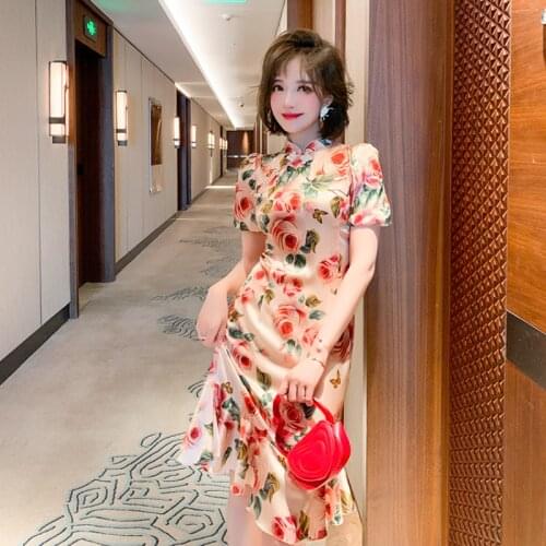 Awarose Vintage Print Stand Collar Ruffle Buckle Slim Improved Cheongsam Women Summer High Waist Puff Sleeve Chinese Style Dress