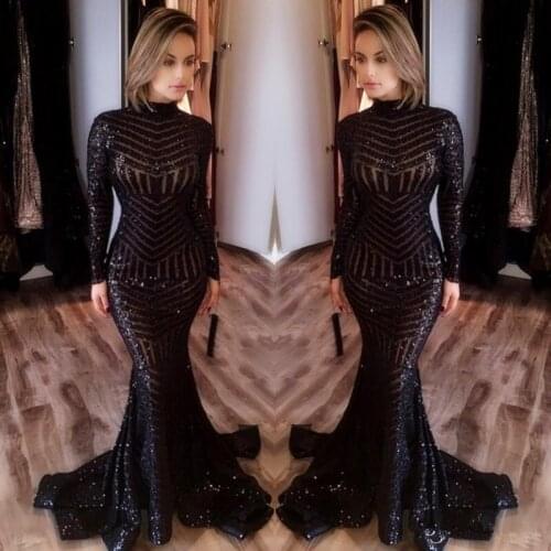 2021 Hot Sale Cheap Long Evening Dresses High Neck Long Sleeves Floor Length Memraid Prom Party Dresses Formal Evening Gowns
