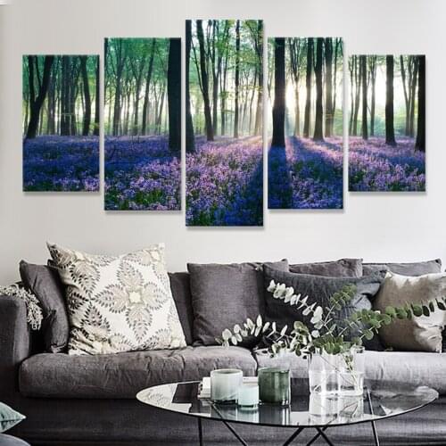 5 Panel Canvas Wall Art Purple Forest Canvas Painting Living Room Home Decoration Mural Large Wall Picture