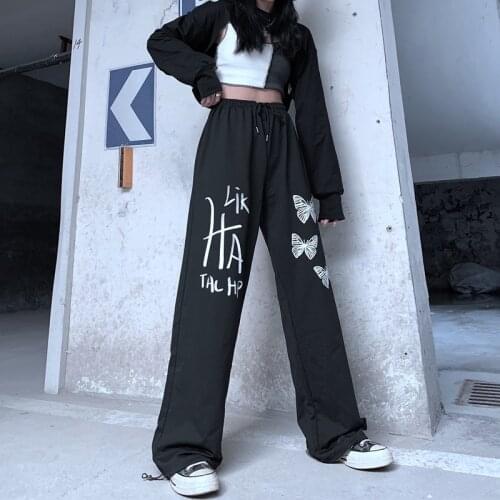 Gothic Black Trousers Streetwear Autumn New Korean Long Wide Leg Pants All-match Printed Butterfly Loose Straight Pants