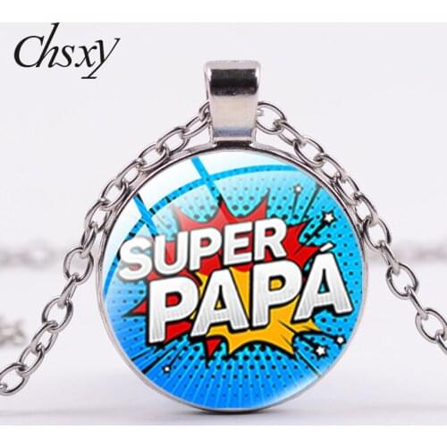 CHSXY Super Papa Dad Pendant Necklaces Art Photo Glass Dome Creative Paper-cut Pattern Cabochon Choker For Father Jewelry Gift