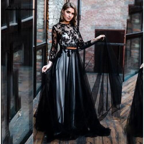 Lakshmigown Black Wedding Dresses With long Sleeves Modest Jewel Neck Fairy Beach Bride Gowns Robes De Mariee