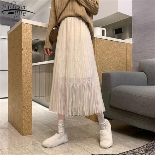 Korean Style Tassel Lace Stitching Skirt Pleated Skirts Women 2021 Spring New High Waist Casual Thin Black Apricot Skirts 12994