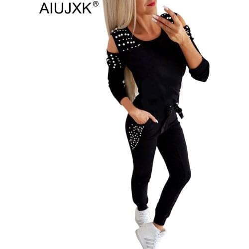 AIUJXK Autumn Winter Women Fashion Beading Two Piece Set O-neck Off Shoulder Casual Tracksuit Woman Top And Pants Outfits