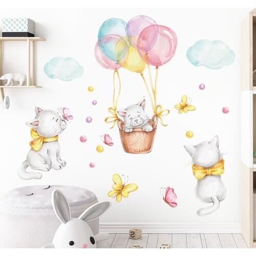 Cartoon Balloon Cats Wall Stickers for Boys Children Bedroom Kids Room Wall Decor Removable PVC DIY Wall Decals Home Decoration
