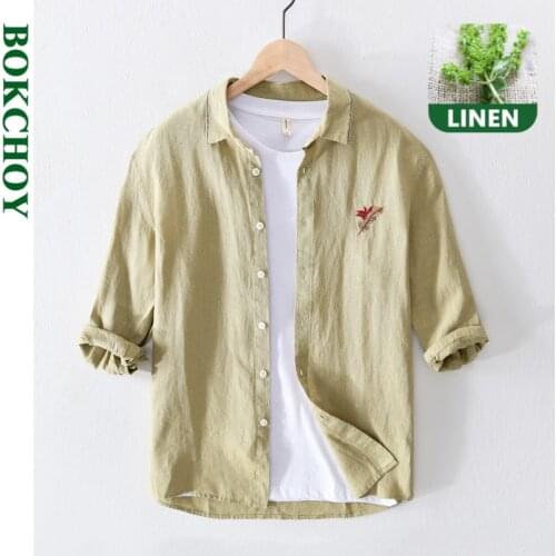 Natural Linen Shirts Men, Comfortable Breathable, Pure Linen, 2020 New Trend, Long Sleeve Shirt Men Floral Print Casual