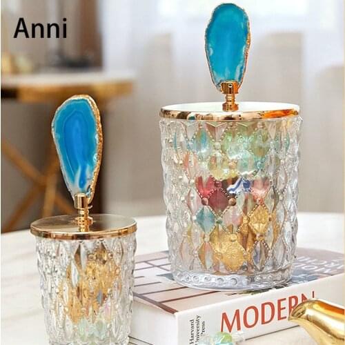 Natural Agate Crystal Storage Jars with Lid European Simple Glass Candy Snacks Jar Office Desk Organizer Living Room Decoration