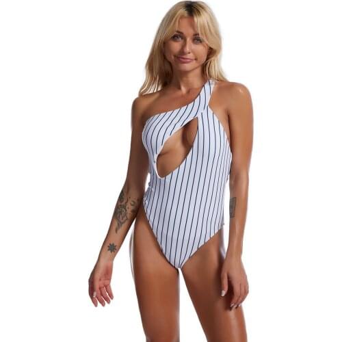 New Hollow Bikini Sexy Cover Belly Open Back Swimsuit Ladies Striped One-Piece Swimsuit Tight One-Shoulder Bikini