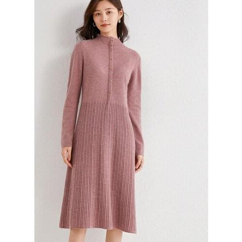 Autumn Winter Women Knitted Pure Wool Sweater Dress New Korean Half-high Collar Elegant Long Dress Ladies Bottoming Loose Dress