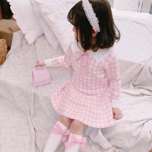 Autumn Preppy Style Kids Girls Clothing 2 Piece Sets Knitted Plaid Long Sleeve Shirts+Mini Skirts Children Girls Outfit 3-8T