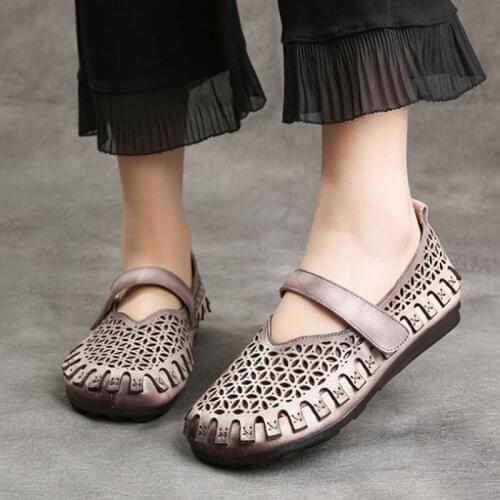 Genuine Leather Retro Sandals 2021 New Summer Hook & Loop Women Shoes Flat with Sewing Casual Handmade Ladies Platform Sandals