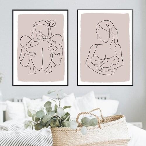 Family Portrait Mom Two Baby Twins Art Line Drawing Poster Prints Nursery Decorative Picture Abstract Minimalist Canvas Painting