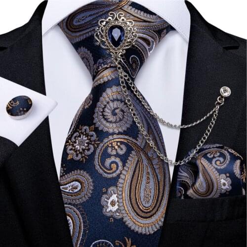 Blue Gold Paisley Floral Dot Ties For Men Luxury Wedding Tie Pocket Square Cufflinks Mens Gift Brooch Chain Tie Set DiBanGu