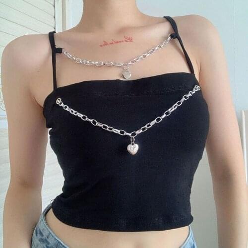 Harajuku Heart Chain Cami Top Women Summer Backless Sleeveless Crop Top Tees Punk Fashion Ladies Party Streetwear Y2K Black Vest