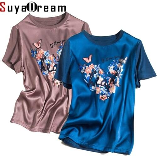 SuyaDream Women Graphic T Shirt Real Silk and Cotton O Neck Short Sleeves Blue Chic Shirt 2021 Spring Summer Black Silk Top