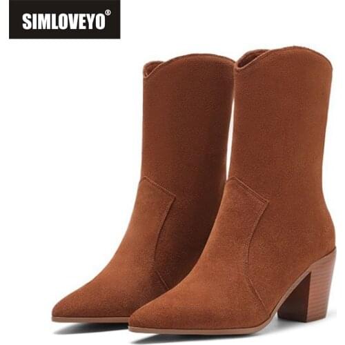SIMLOVEYO Pointed Toe Slip on 2021 Autumn Ankle for Women Cow Leather Suede Short Square High Heel Shoes Cowboy Size 15 46 A4505