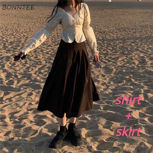 Two Pieces Women Sets Puff Sleeve Square Collar Shirts and Pleated Skirts Korean Style Chic Trendy Slim Ulzzang Popular Elegant