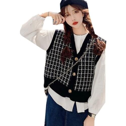 Autumn New 2021 Women Slim Short Plaid Knitted Sweater Vest Korean Casual Outer Cardigan Coat Oversize Female Waistcoat Chic Top