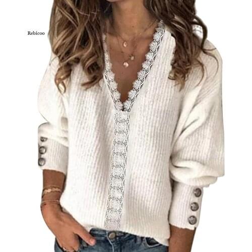 Newest Women Fashion Sweater Solid Color Long Sleeve V Neck Lace Patchwork Knitwear Sweater Ladies Top Plus Size 3XL