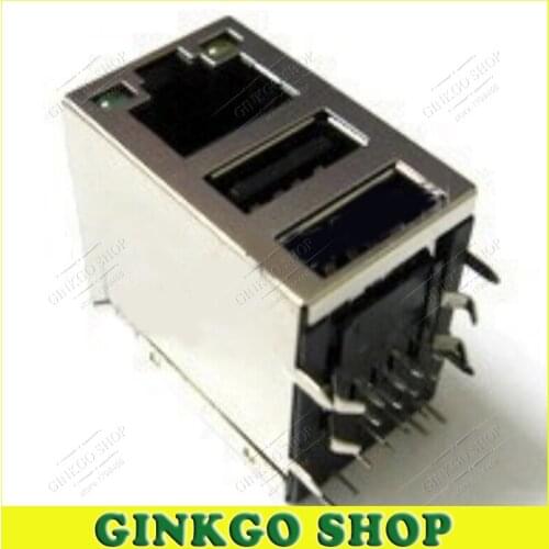 10pcs/lot Dual USB+RJ45 LAN Modular Network Connector with LED 90 Degree RJ45 interface Copper Cover Free Shipping