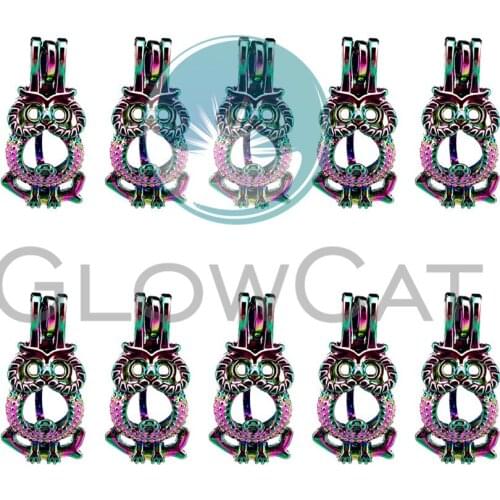 10x C722 Rainbow Colors Owl Pearl Cage Locket Pendant Essential Oil Diffuser Bead Cage DIY Jewelry Locket For Oyster