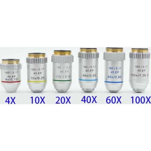 195 45EP Semi Plan Achromatic Objective Lens 4X 10X 20X 40X 60X 100X 160/0.17 for Biological Microscope