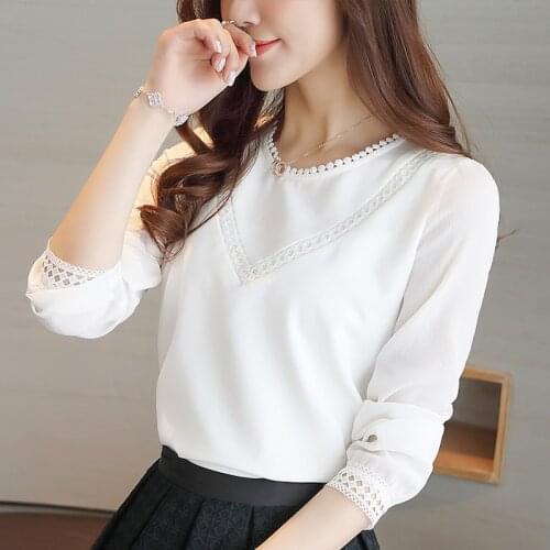 2021 OL Shirt Spring New Casual Lady Long-sleeve Chiffon Blouse Korean Stitching Solid Color Lace Tops 620G 30