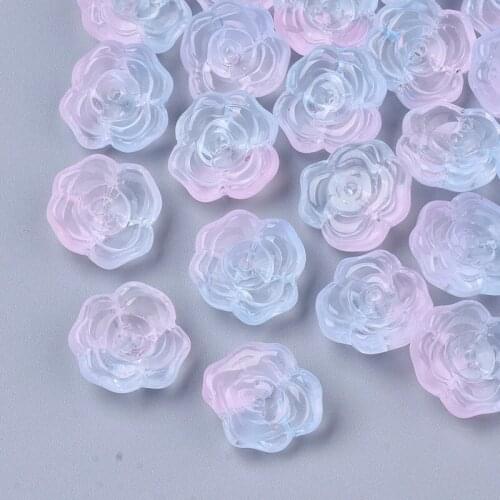 500PCS Two Tone Transparent Spray Painted Glass Beads, Flower, Misty Rose, 13.5x12.5x5.5mm, Hole: 1.2mm