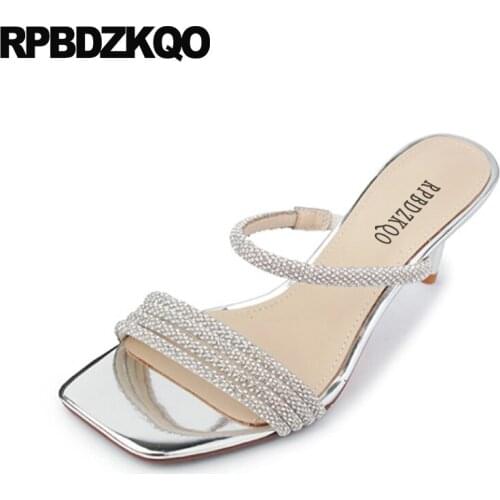 Rhinestone Nice Jewel Gladiator Glass Slippers Stiletto Slides Pumps Strappy Silver High Heels Shoes Strap Bling Women Sandals
