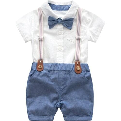 Nowborn Baby Boy Wholesale Outfit Clothes Bow Formal Romper Gentleman Party Cotton Solid Jumpsuit + Suspender Pants