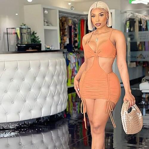 DSMTRC 2021 New Arrival Sexy Clubwear Women Dress Summer 2021 Solid Drawstring Pleated Hollow Out Backless Bodycon Mini Dresses