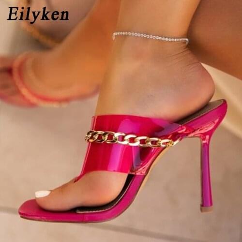 Eilyken Sexy Flip Flops Summer New Women Slippers Square Toe PVC Transparent Jelly Ladies High Heels Fashion Metal Chain Shoes